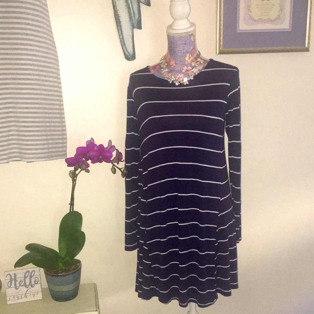 Derek Heart Long Sleeve Dress Navy Blue White Stripes sz Med